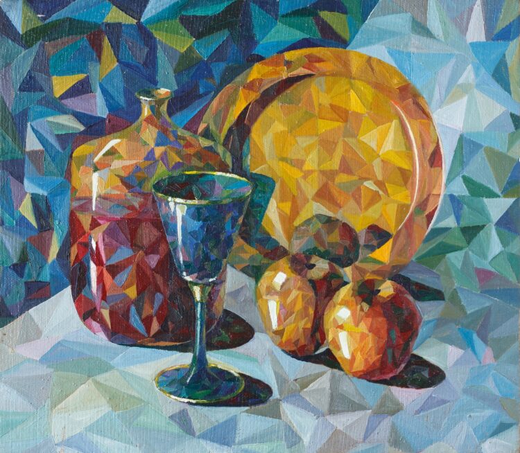 Prismatic Decanter & Apples – Geometric Oil Painting Print