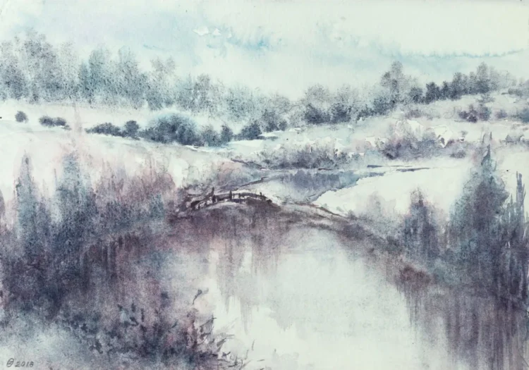 Misty River Bridge — Classical Watercolor Landscape
