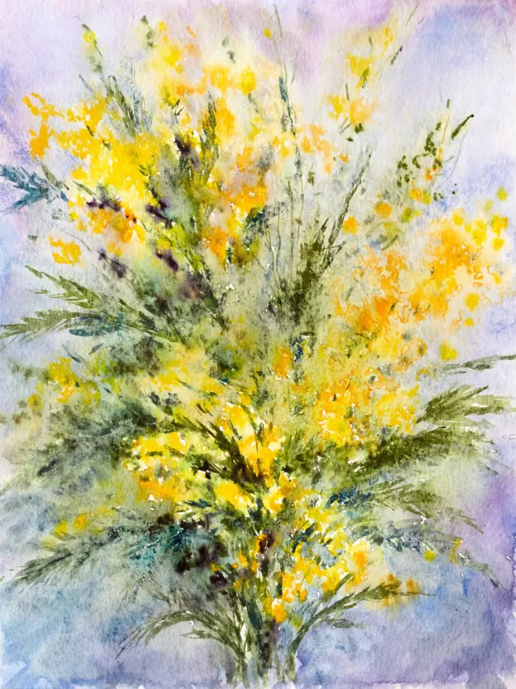 Golden Mimosa Symphony — Impressionistic Watercolor Floral Art