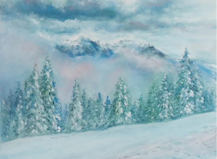 Majestic Winter Peaks — Textured Oil Pastel Alpine Landscape Art