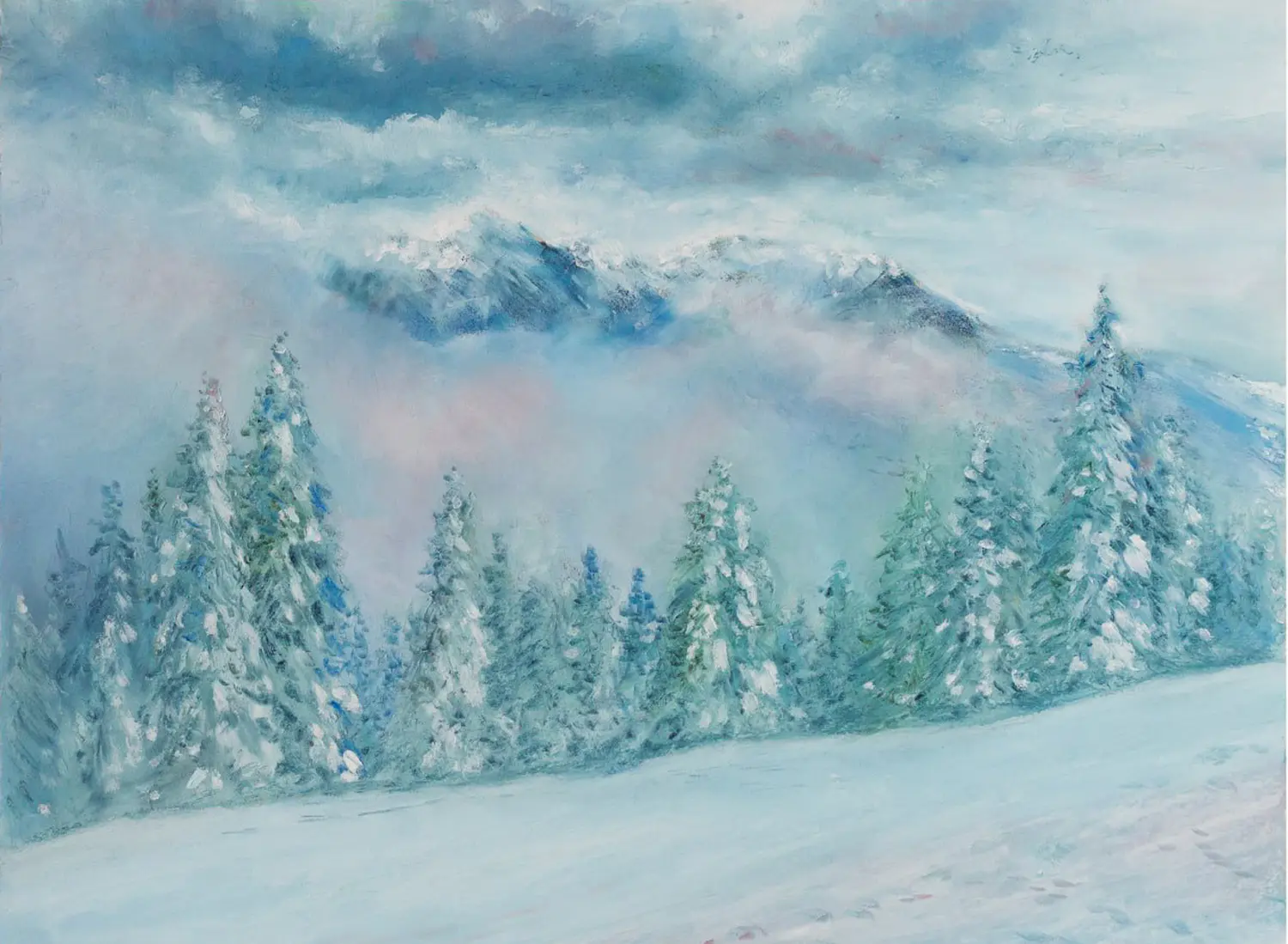 Majestic Winter Peaks — Textured Oil Pastel Alpine Landscape Art