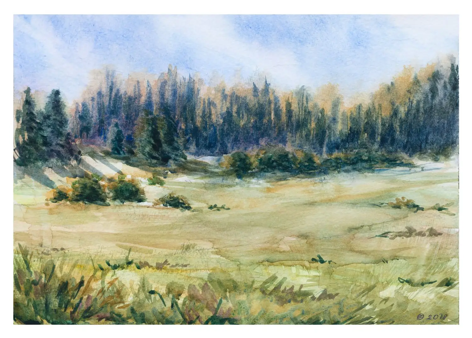 Golden Meadow Edge — Classical Watercolor Landscape Art Print